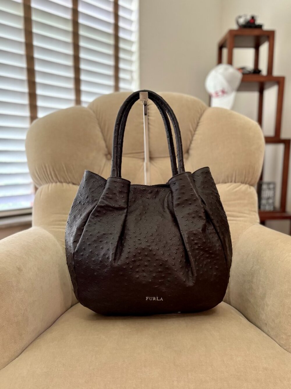 Auth FURLA Genuine Ostrich Embossed Leather Satchel Bag GORGEOUS!